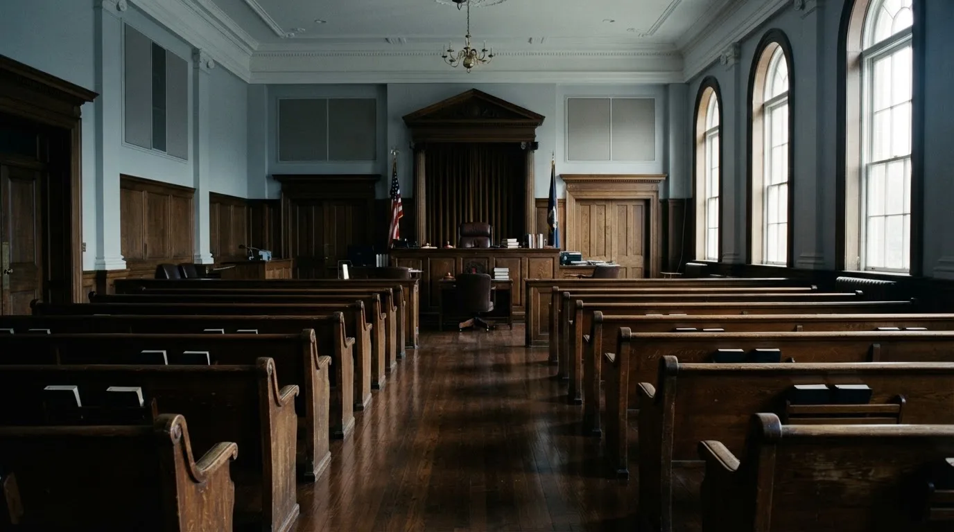 An empty courtroom with wooden benches in morning light