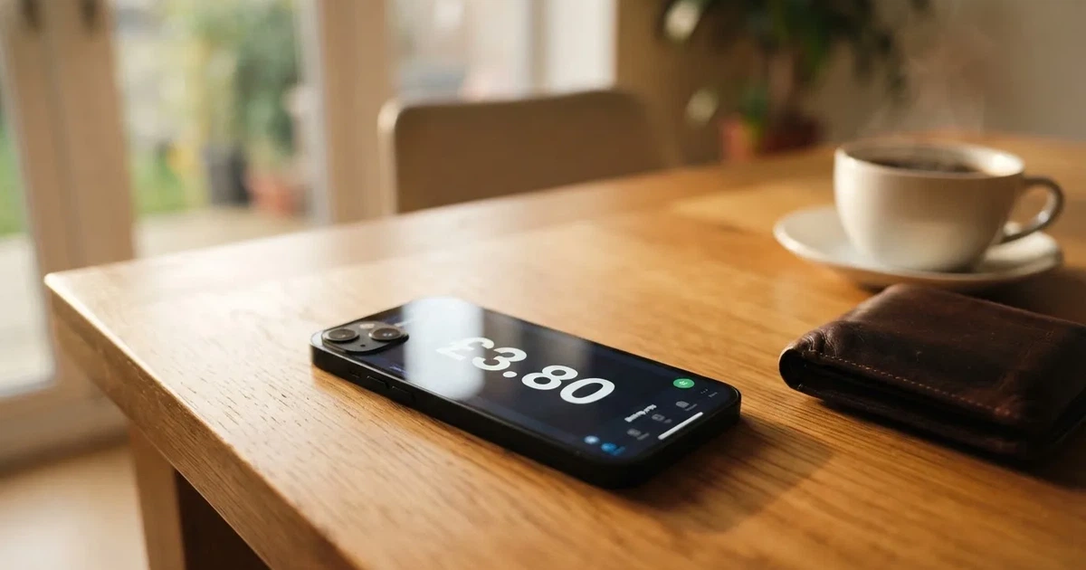 A smartphone on a wooden table beside a wallet and a coffee cup
