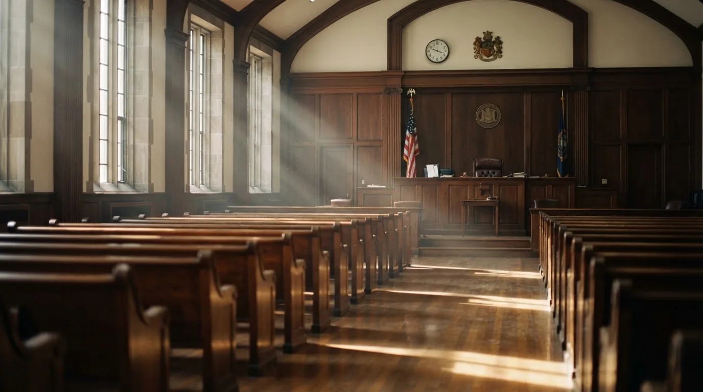 An empty courtroom with wooden benches in morning light