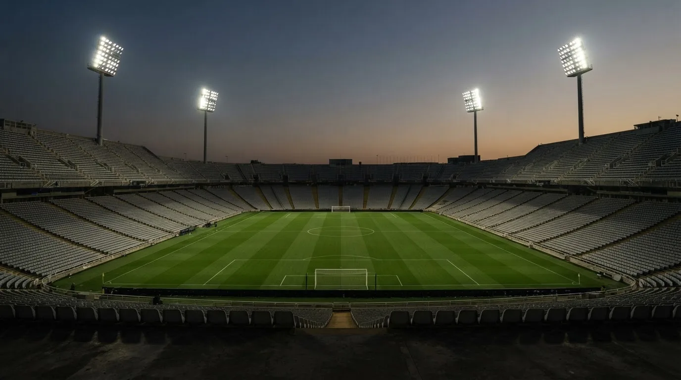 An empty football stadium with floodlight masts at dusk