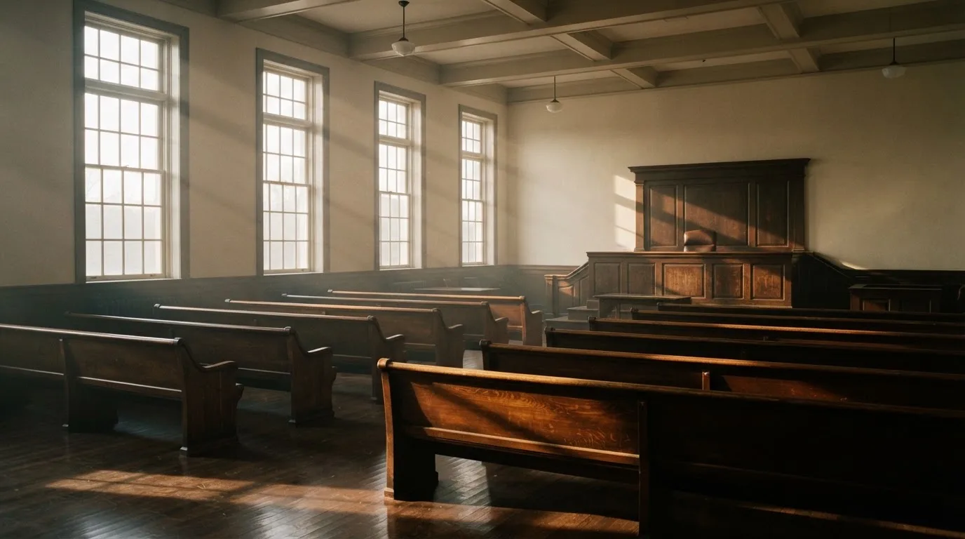 An empty courtroom with wooden benches in morning light