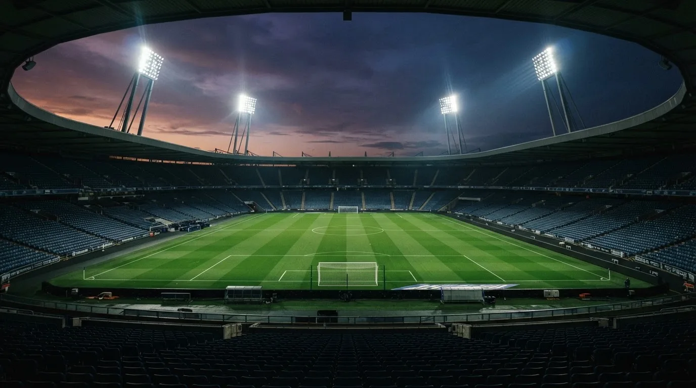 An empty football stadium with floodlight masts at dusk