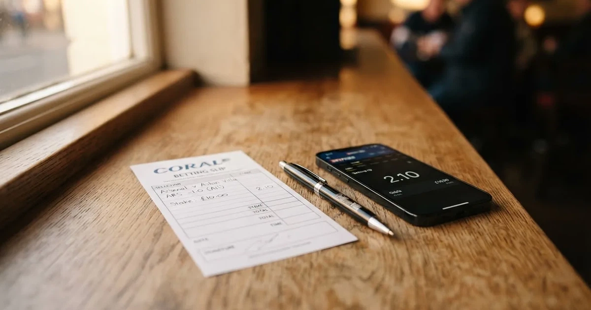 A blank paper betting slip beside a pen on a wooden counter