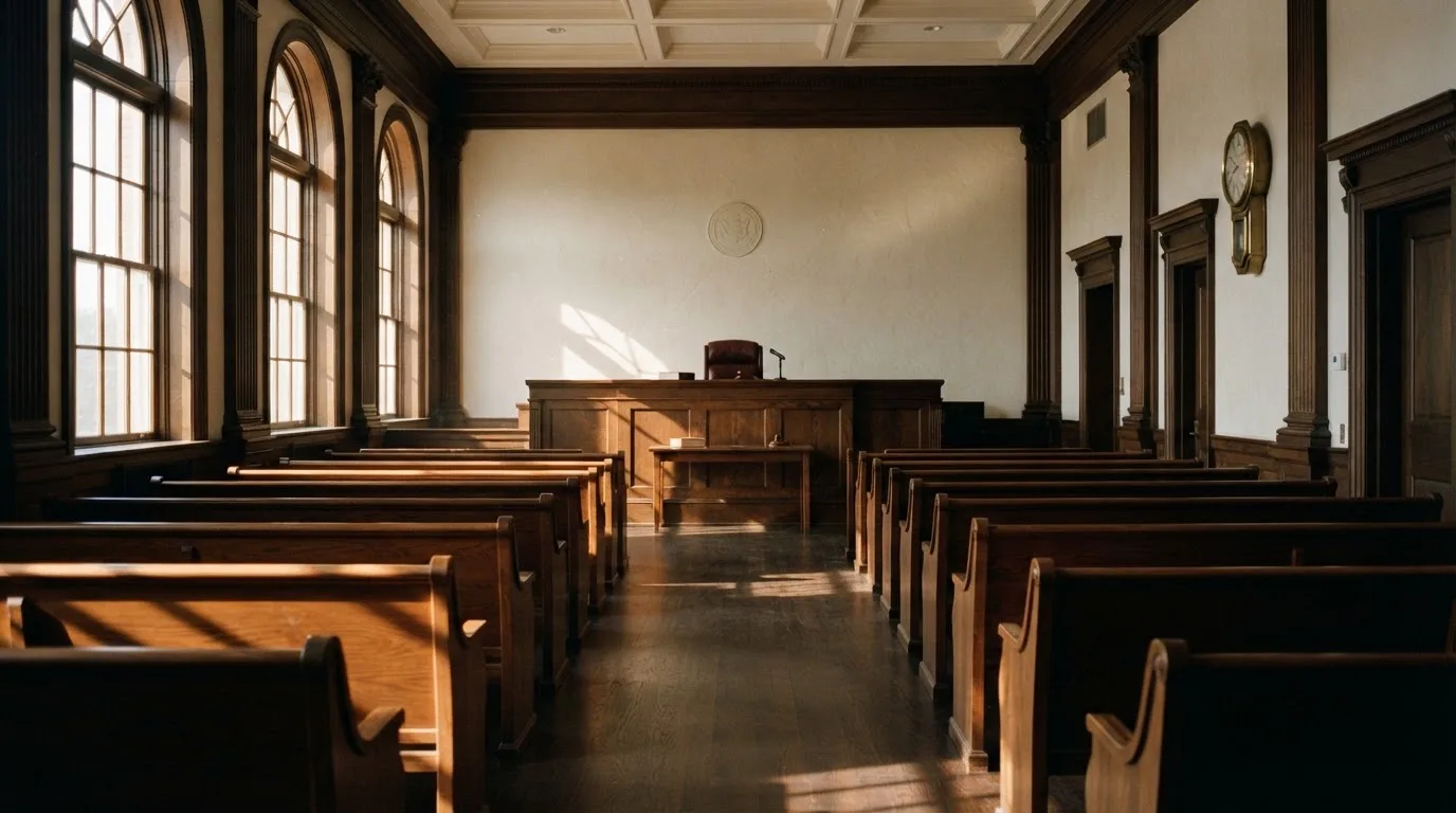 An empty courtroom with wooden benches in morning light