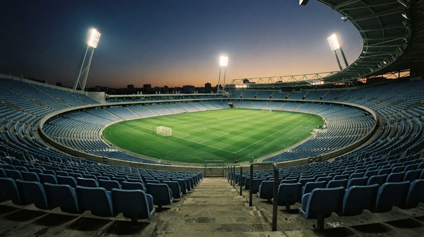An empty football stadium with floodlight masts at dusk