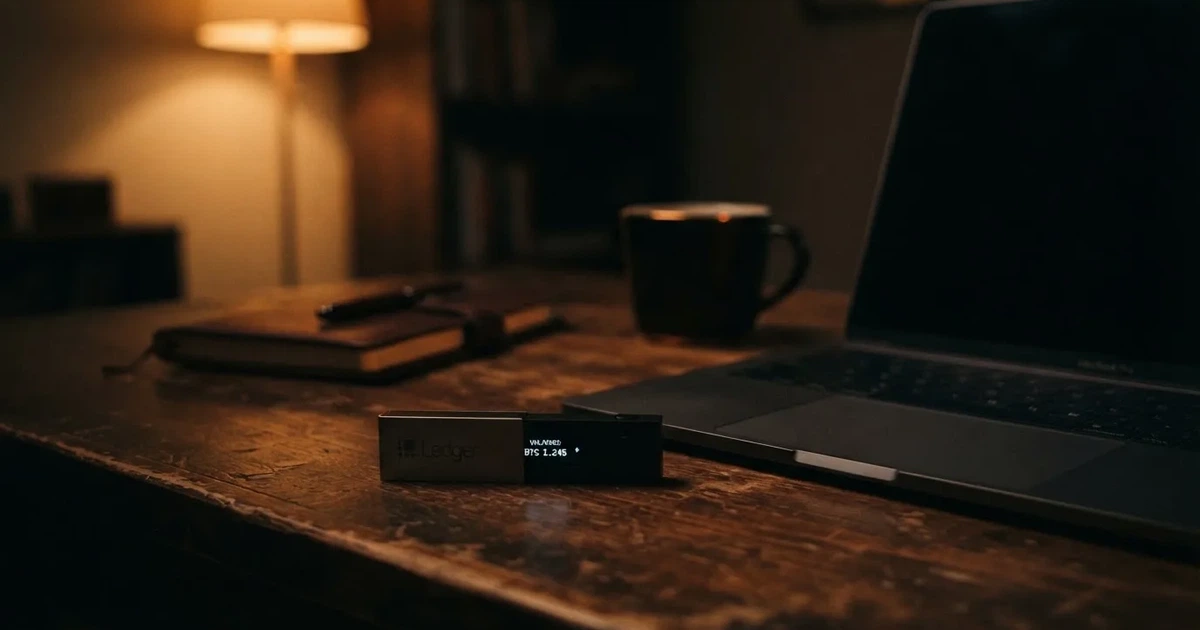 A hardware wallet and a closed laptop on a desk in dim light