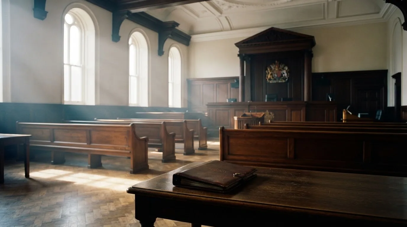 An empty courtroom with wooden benches in morning light