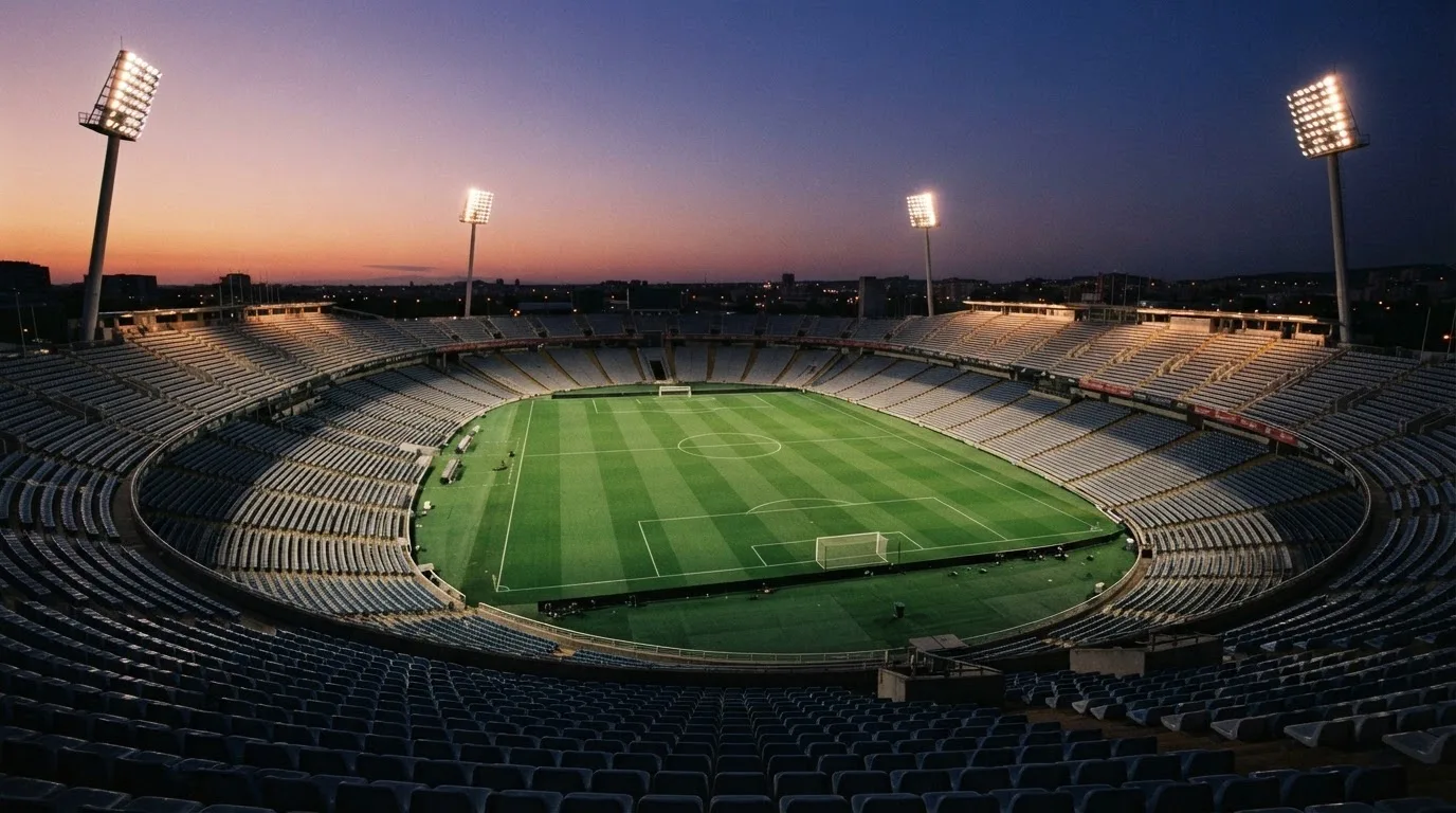 An empty football stadium with floodlight masts at dusk