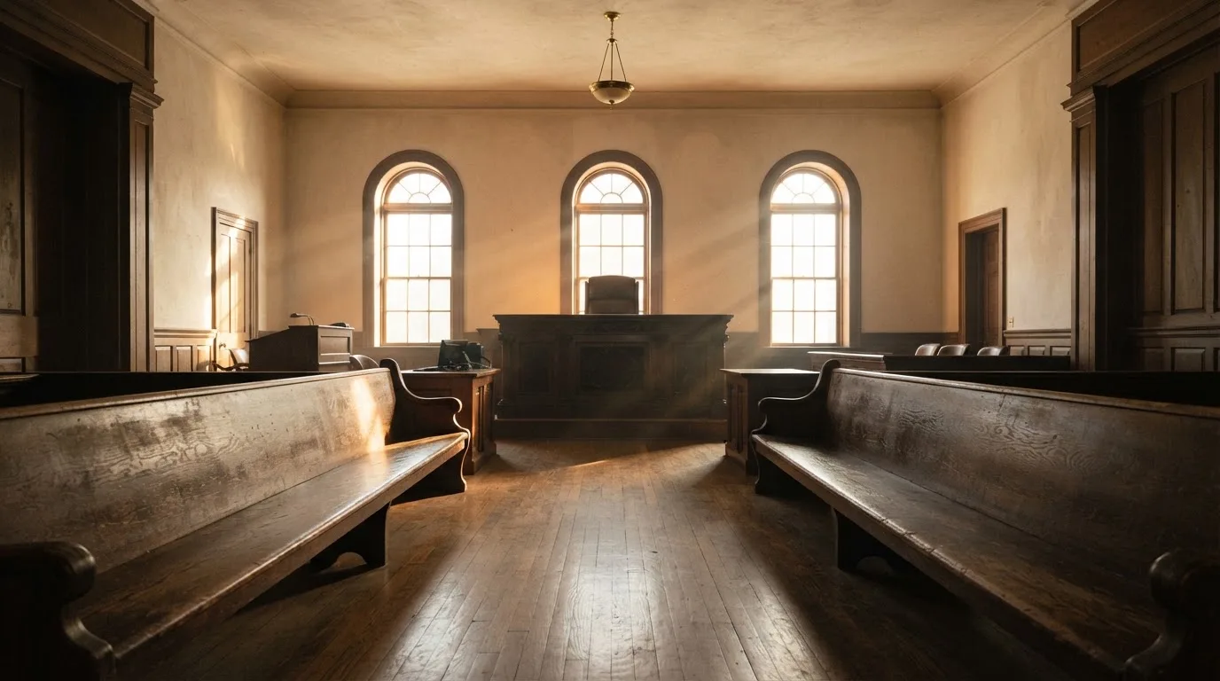 An empty courtroom with wooden benches in morning light