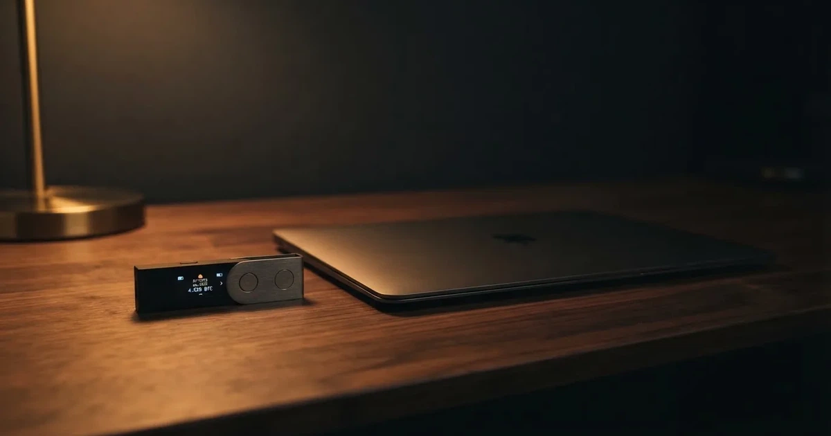 A hardware wallet and a closed laptop on a desk in dim light