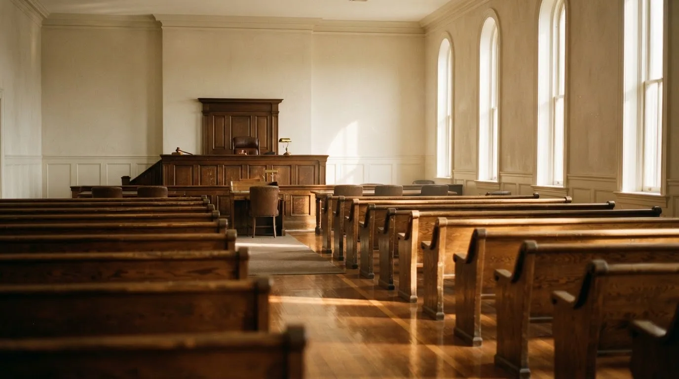 An empty courtroom with wooden benches in morning light