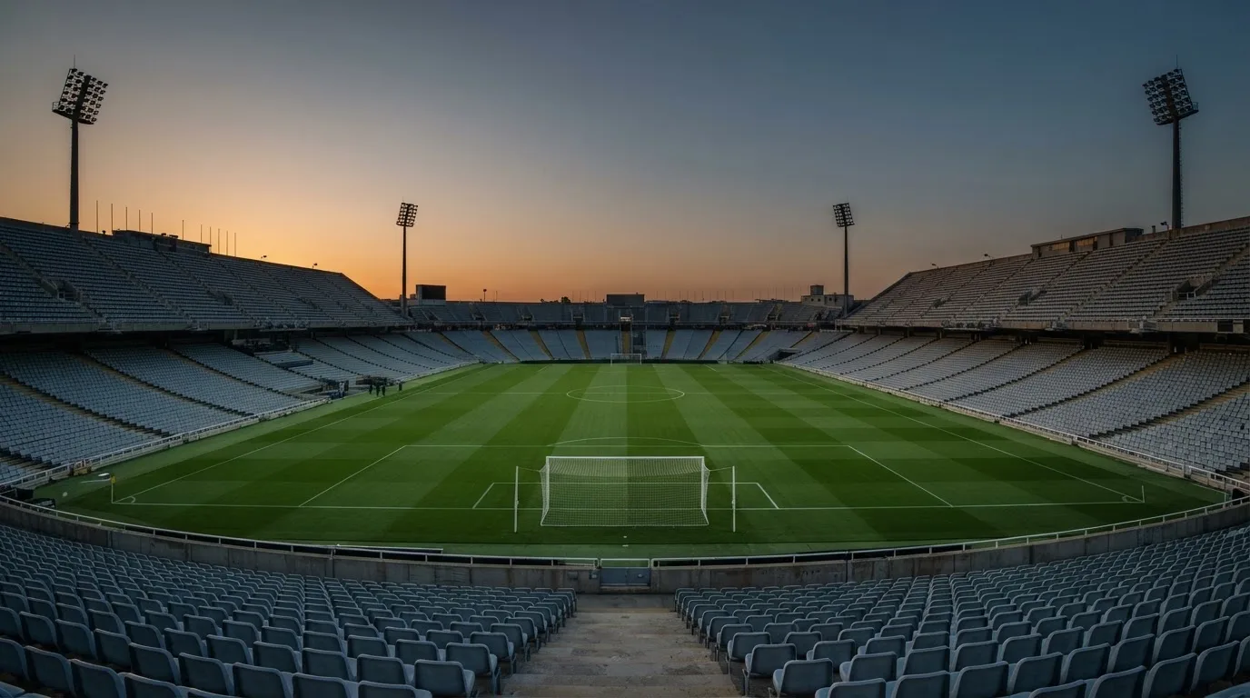 An empty football stadium with floodlight masts at dusk
