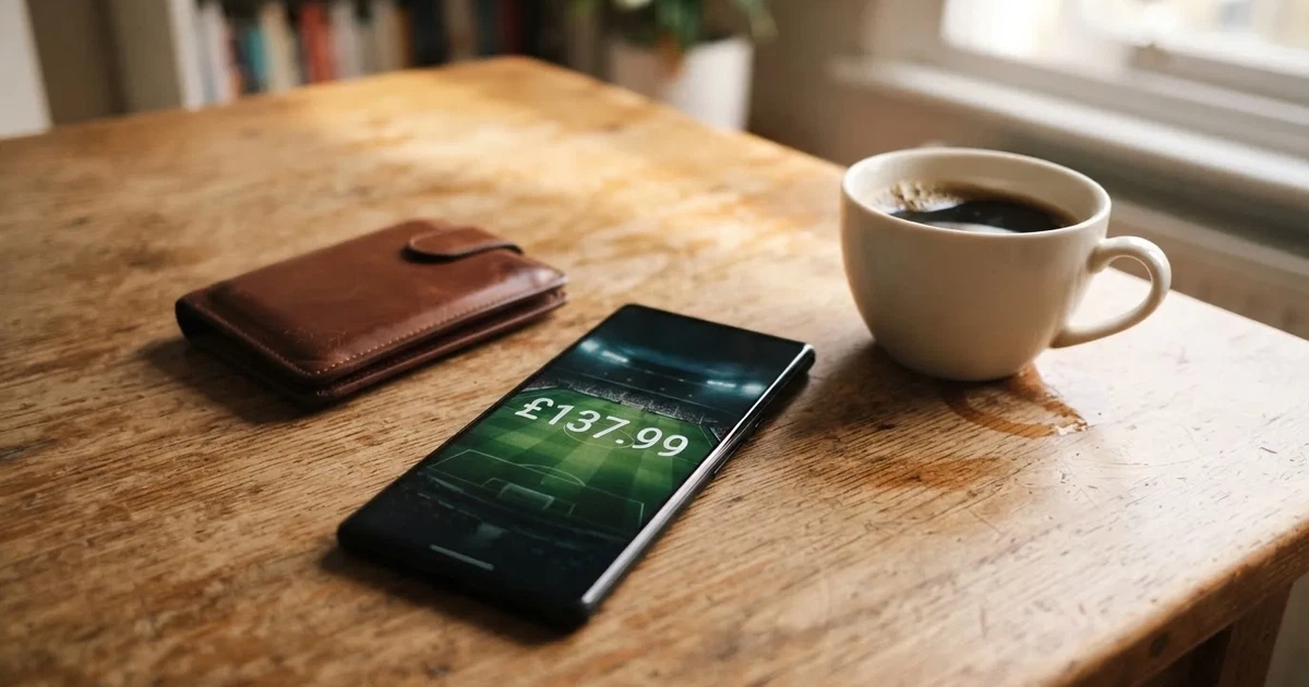 A smartphone on a wooden table beside a wallet and a coffee cup
