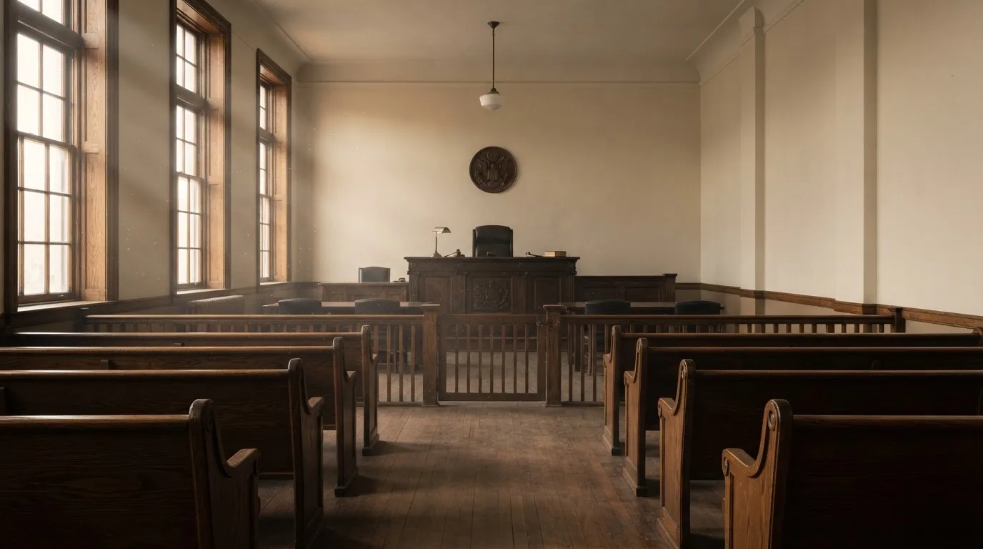 An empty courtroom with wooden benches in morning light