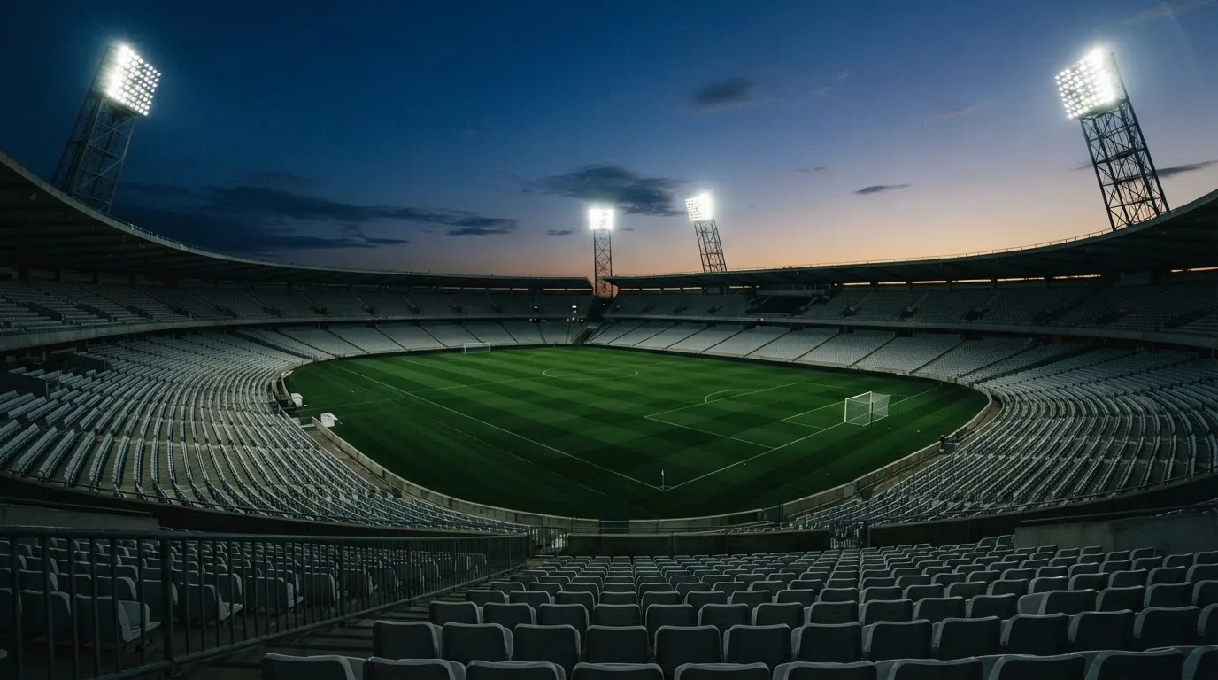 An empty football stadium with floodlight masts at dusk