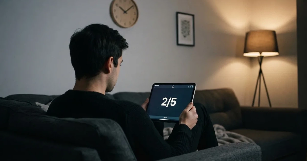 A person on a sofa looking thoughtfully at a tablet, a wall clock in the background