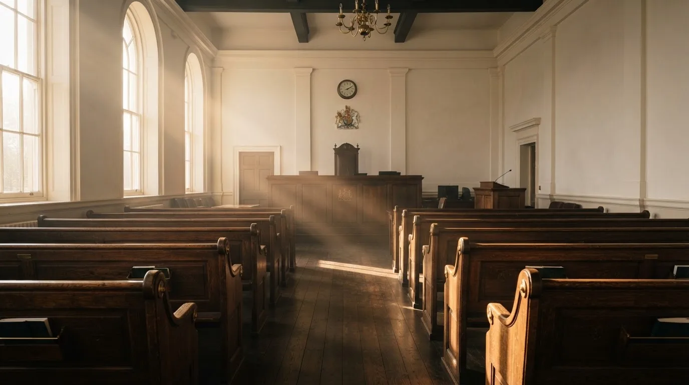 An empty courtroom with wooden benches in morning light