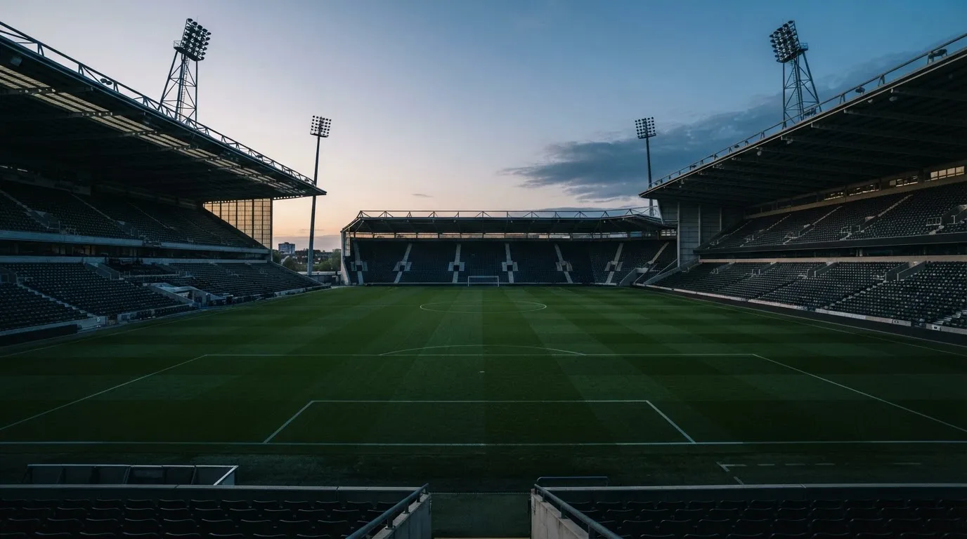 An empty football stadium with floodlight masts at dusk