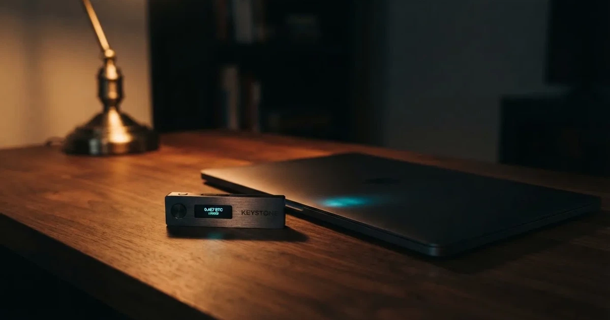A hardware wallet and a closed laptop on a desk in dim light