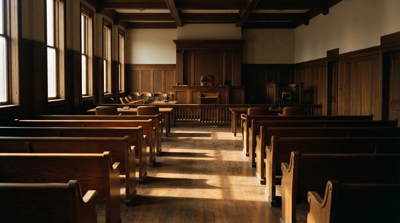 An empty courtroom with wooden benches in morning light