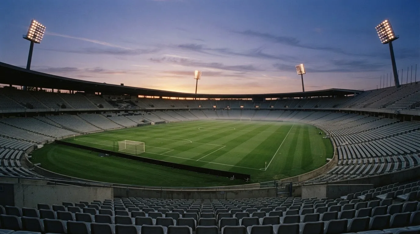An empty football stadium with floodlight masts at dusk