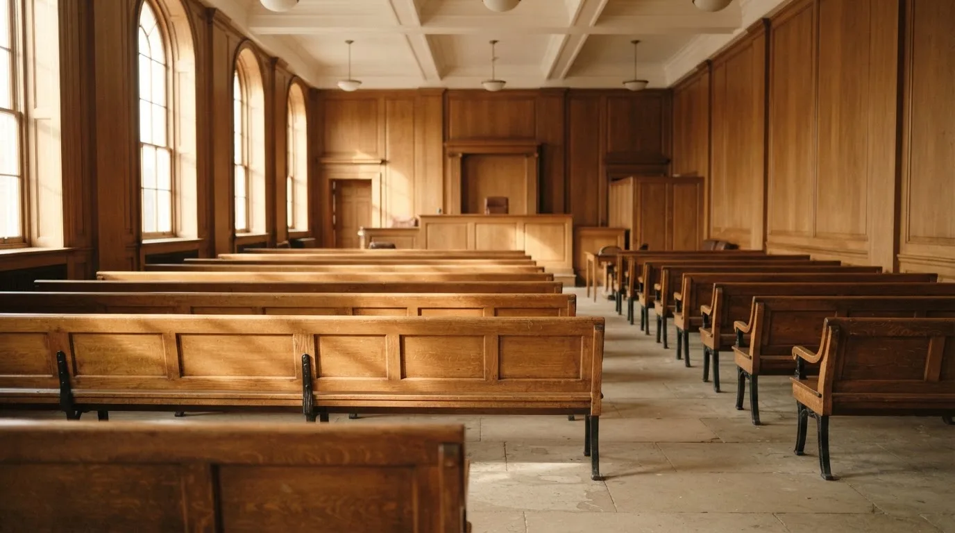 An empty courtroom with wooden benches in morning light