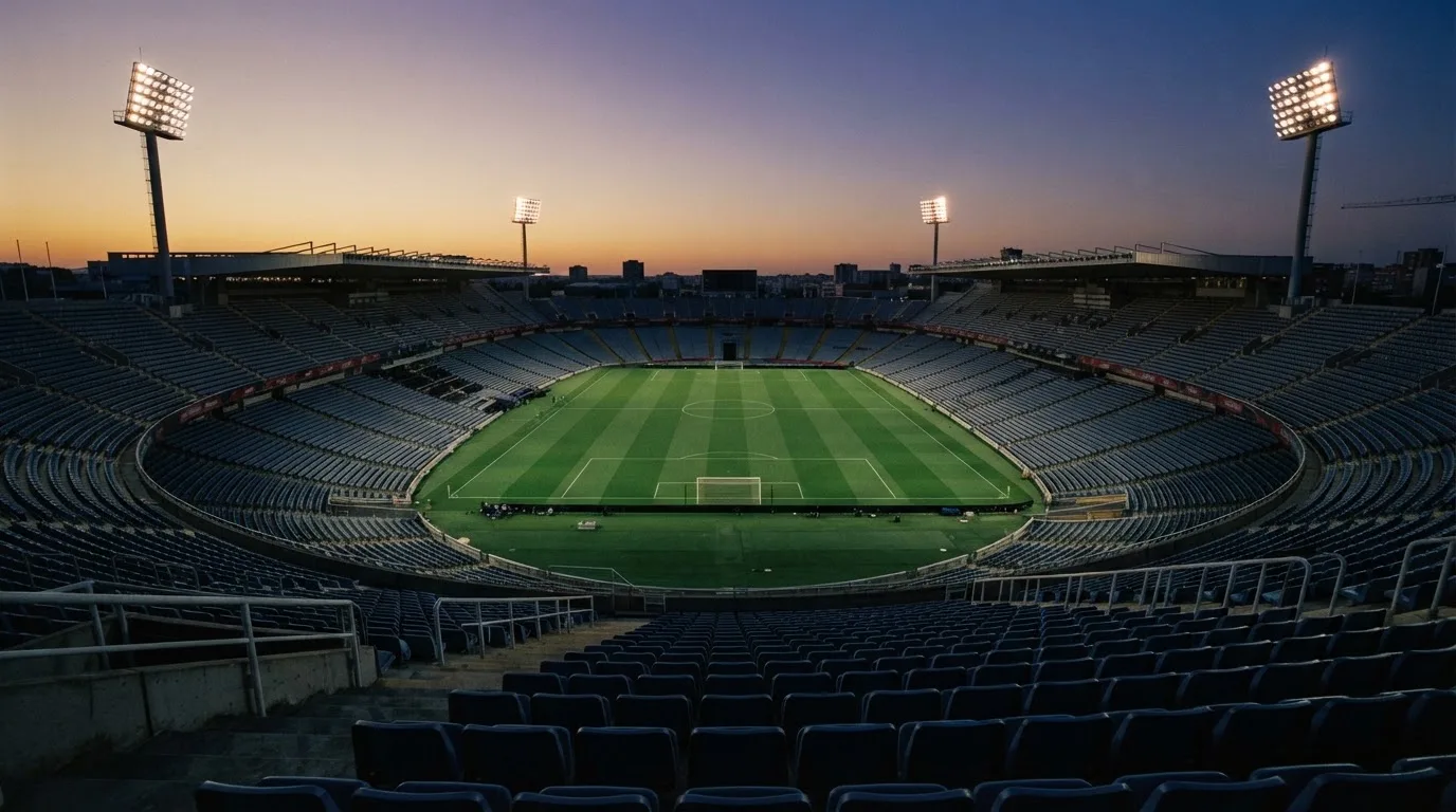 An empty football stadium with floodlight masts at dusk