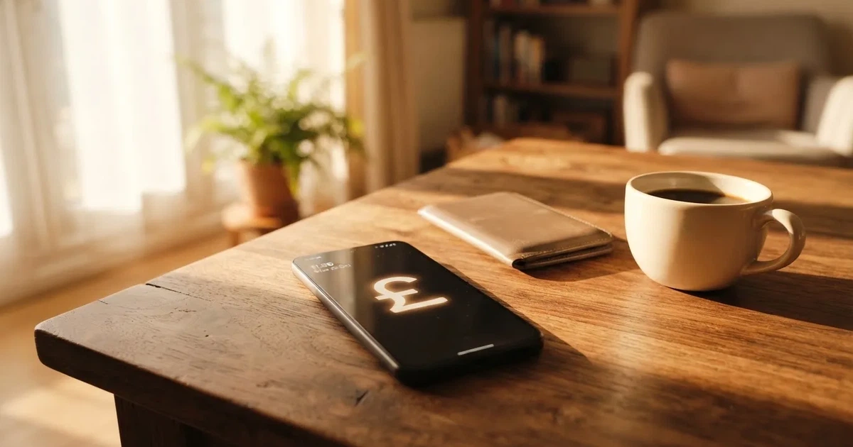 A smartphone on a wooden table beside a wallet and a coffee cup
