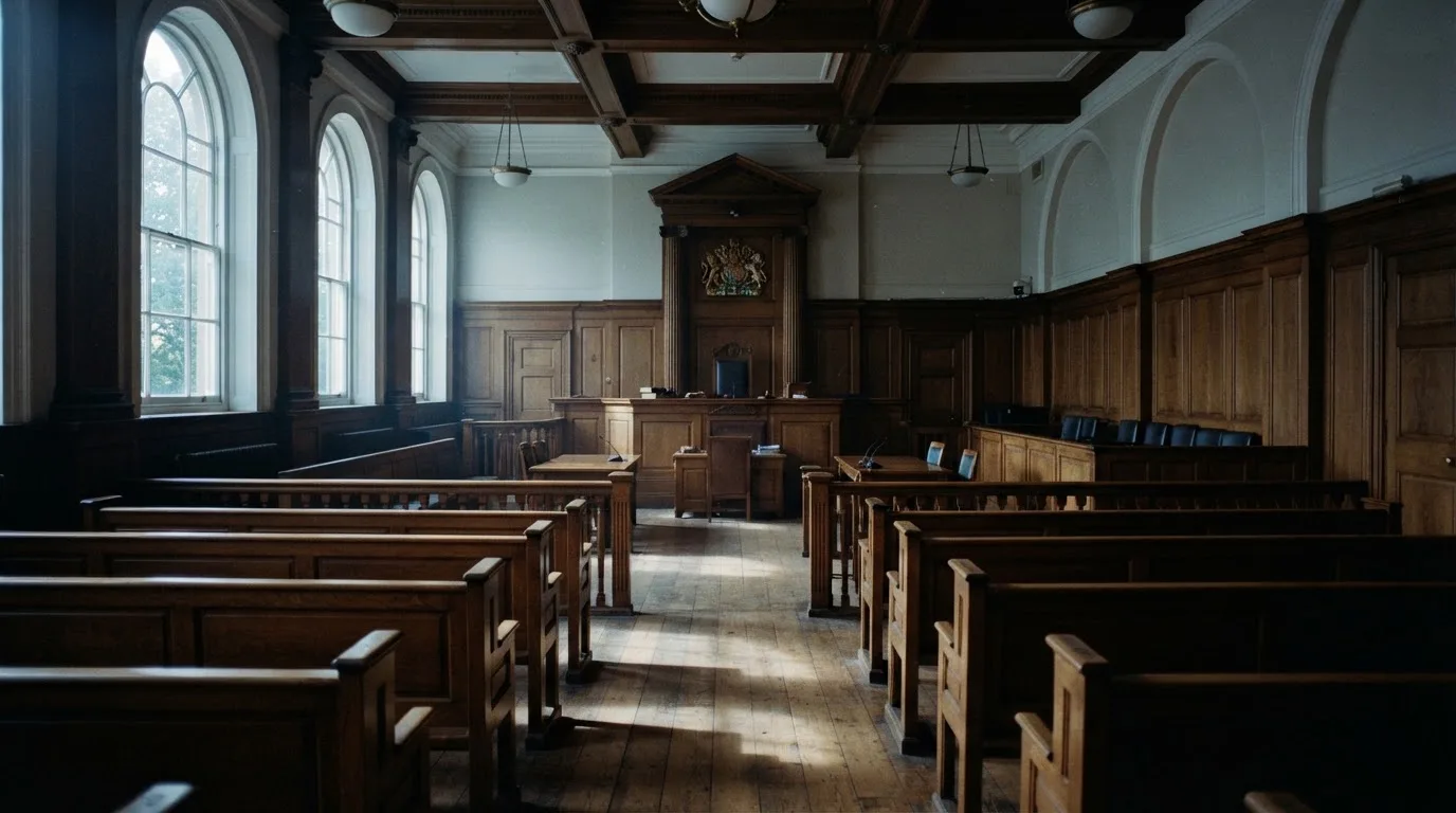 An empty courtroom with wooden benches in morning light