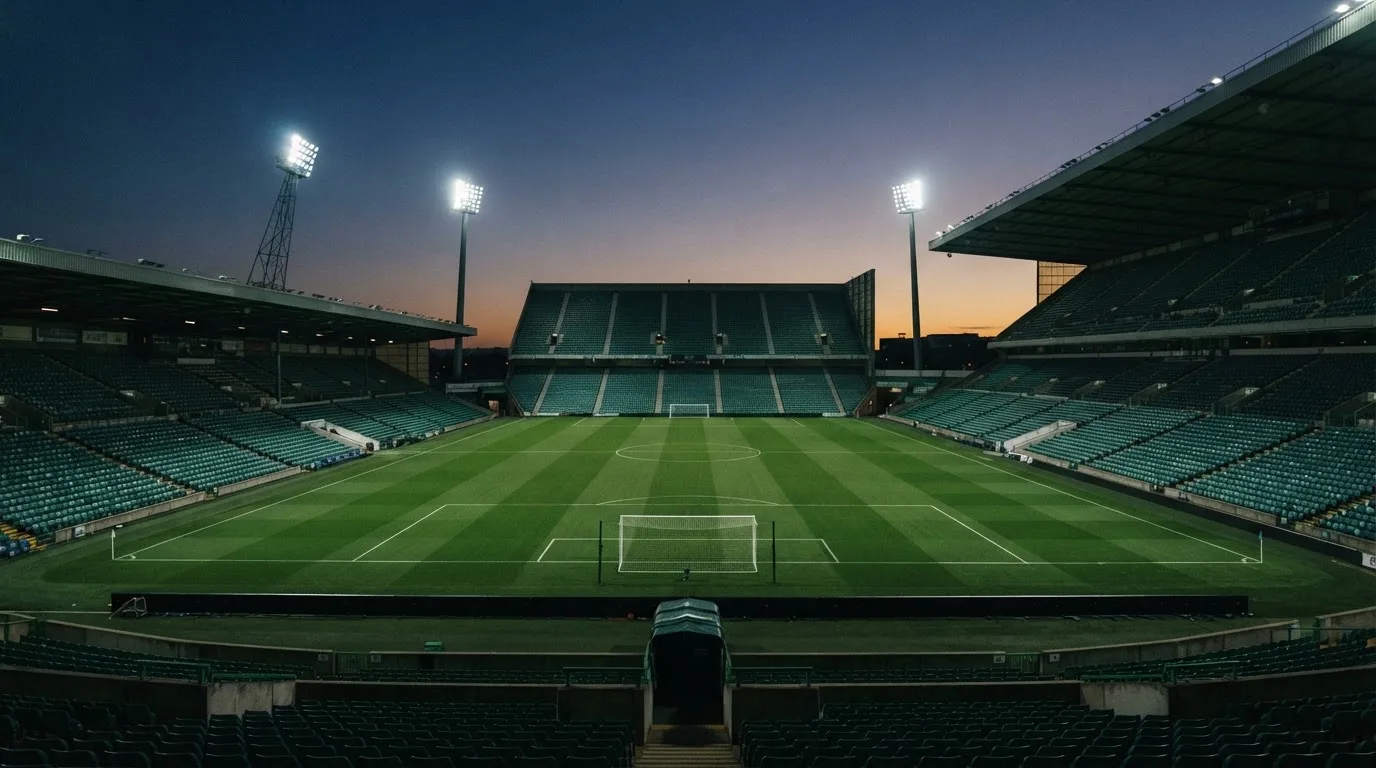 An empty football stadium with floodlight masts at dusk