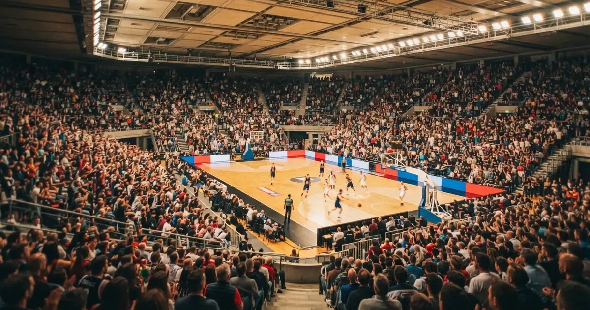 A packed sports hall under floodlights photographed from a long way off