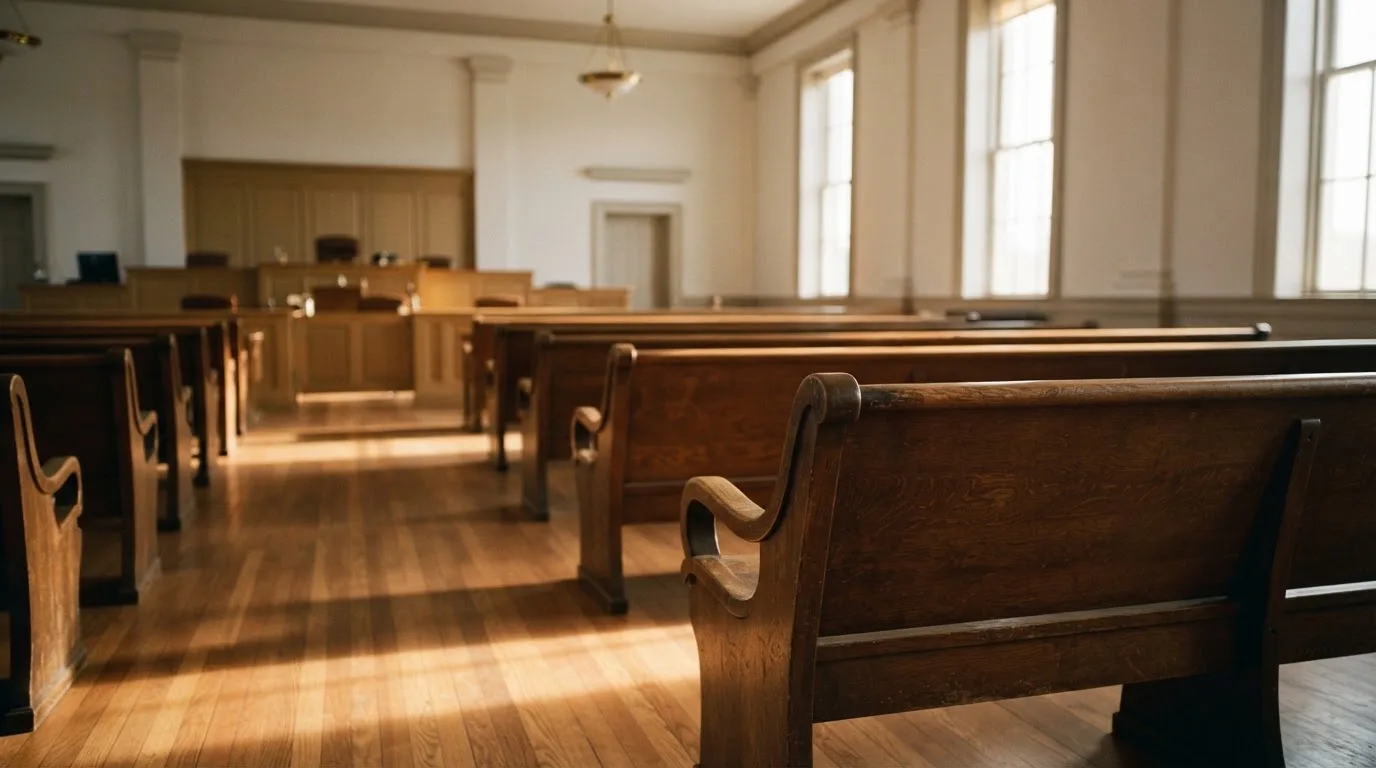 An empty courtroom with wooden benches in morning light