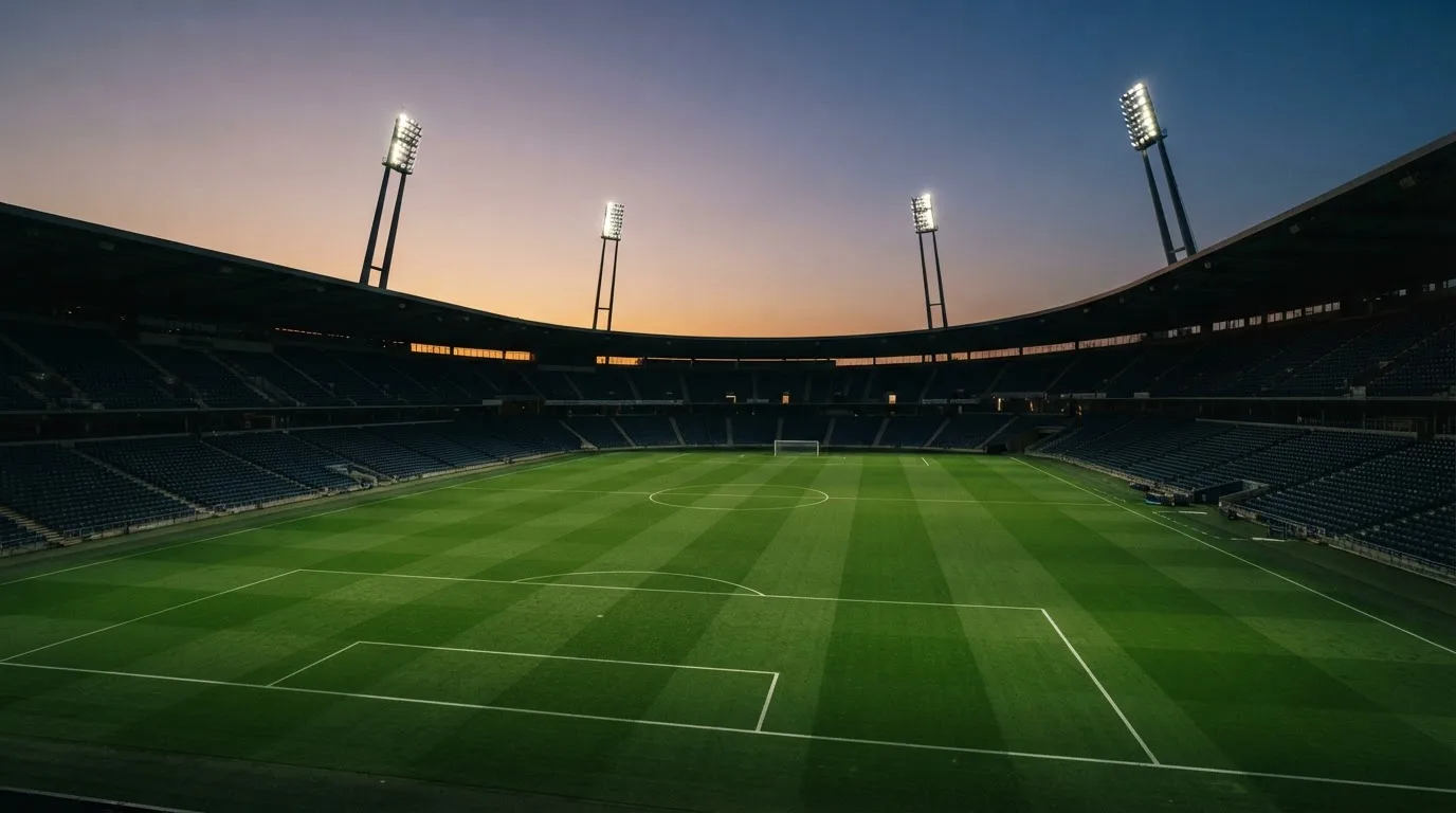 An empty football stadium with floodlight masts at dusk