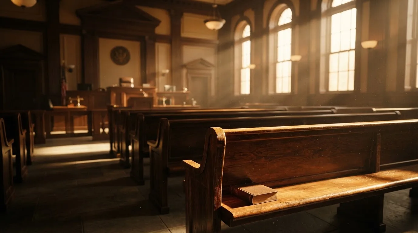 An empty courtroom with wooden benches in morning light