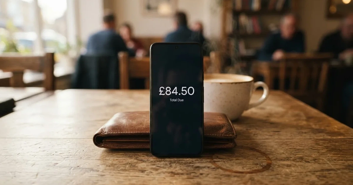 A smartphone on a wooden table beside a wallet and a coffee cup