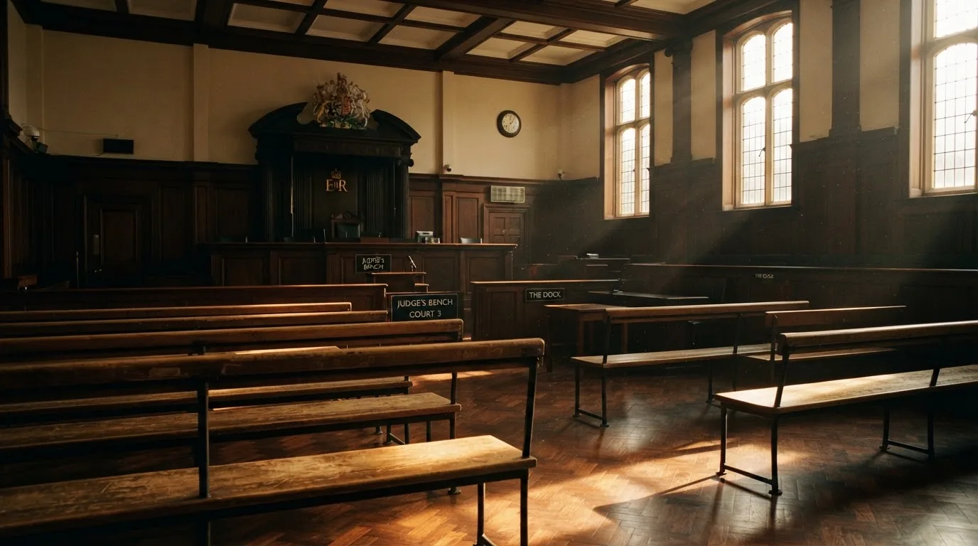 An empty courtroom with wooden benches in morning light