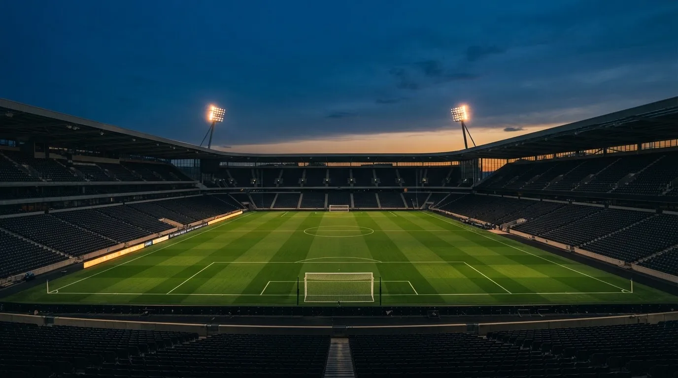 An empty football stadium with floodlight masts at dusk