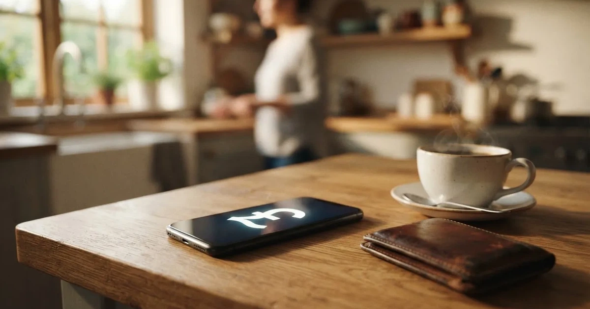 A smartphone on a wooden table beside a wallet and a coffee cup