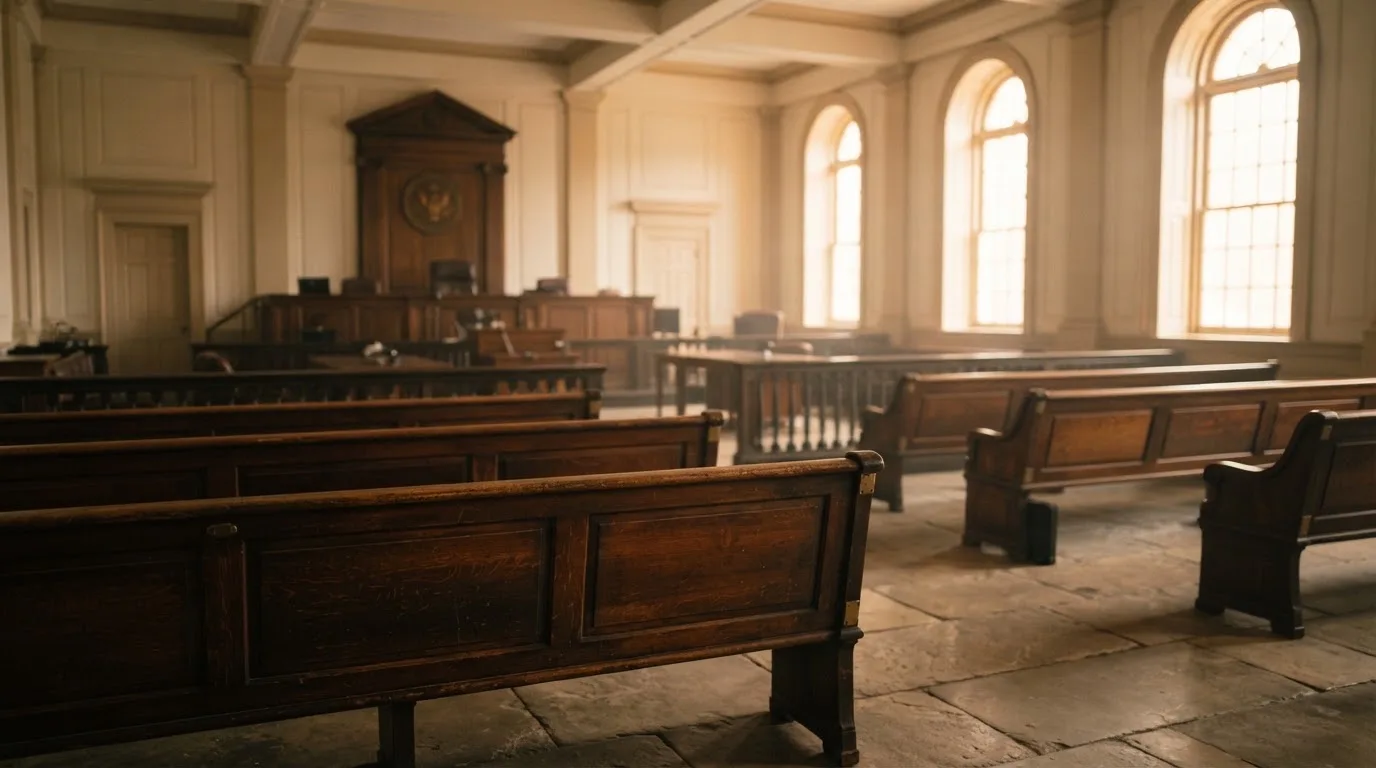 An empty courtroom with wooden benches in morning light