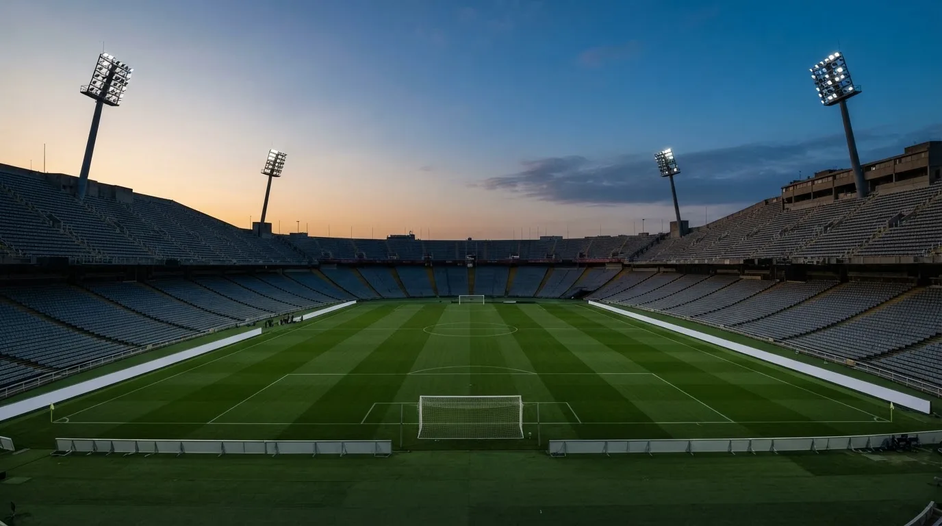 An empty football stadium with floodlight masts at dusk