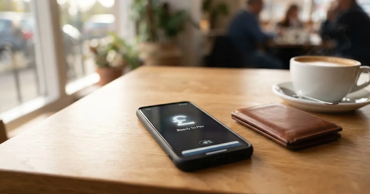 A smartphone on a wooden table beside a wallet and a coffee cup