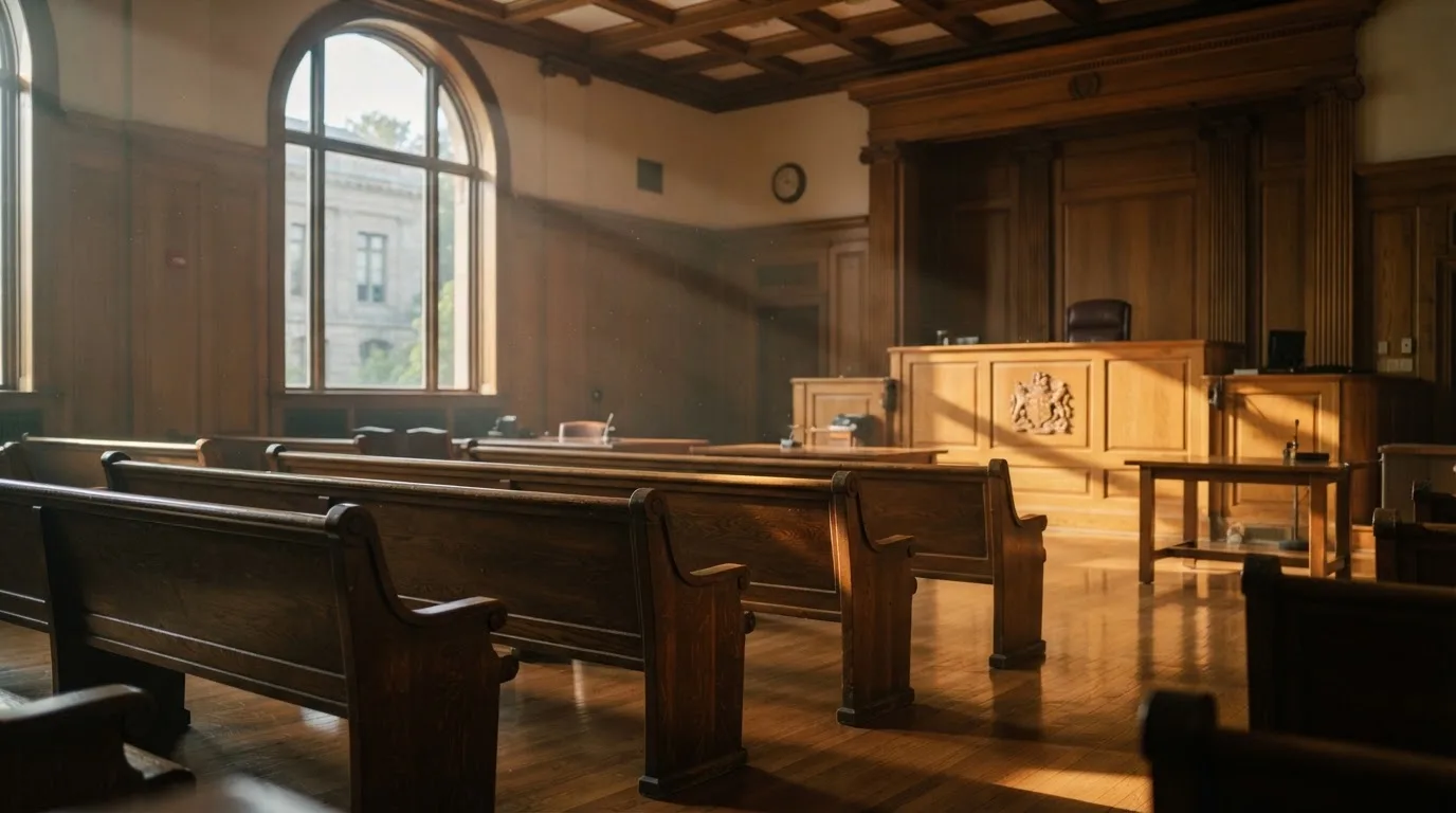 An empty courtroom with wooden benches in morning light