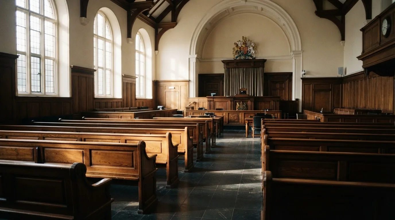An empty courtroom with wooden benches in morning light