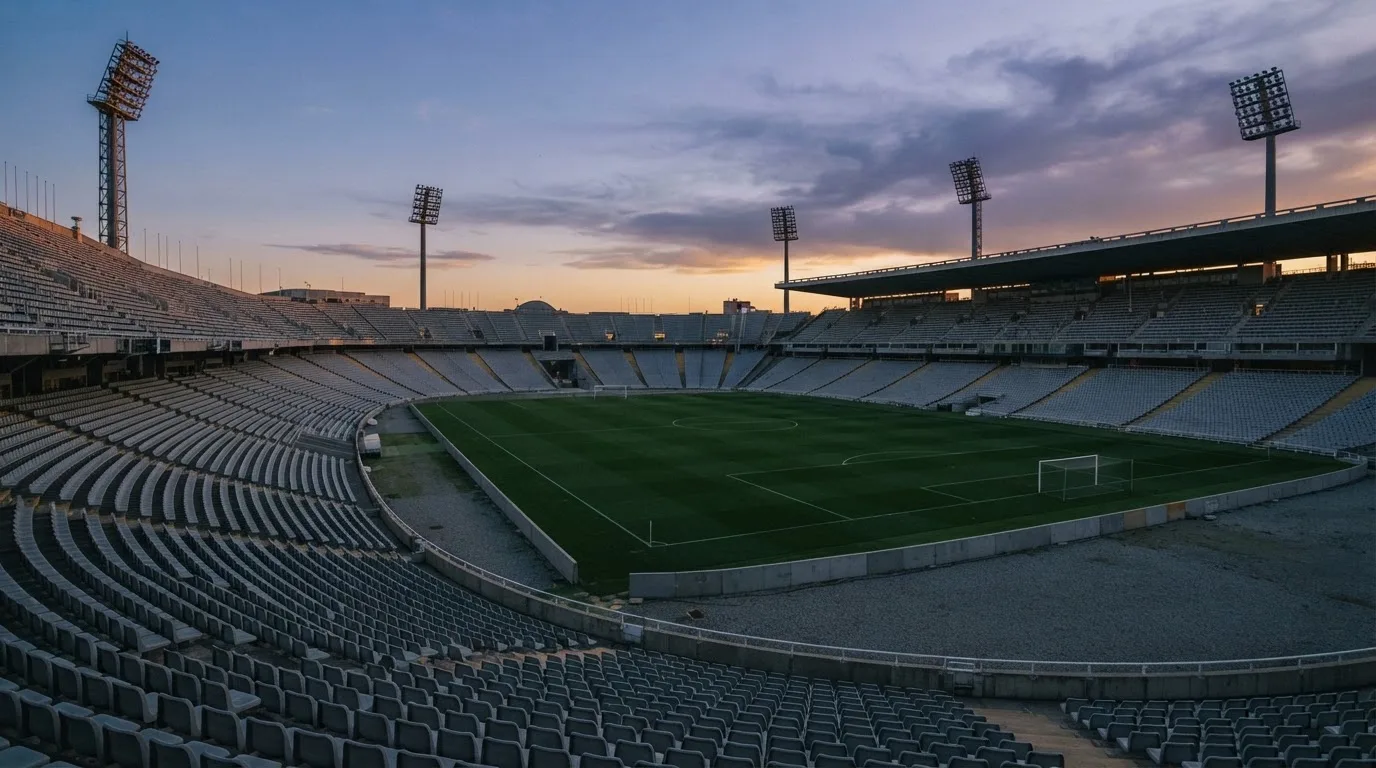 An empty football stadium with floodlight masts at dusk