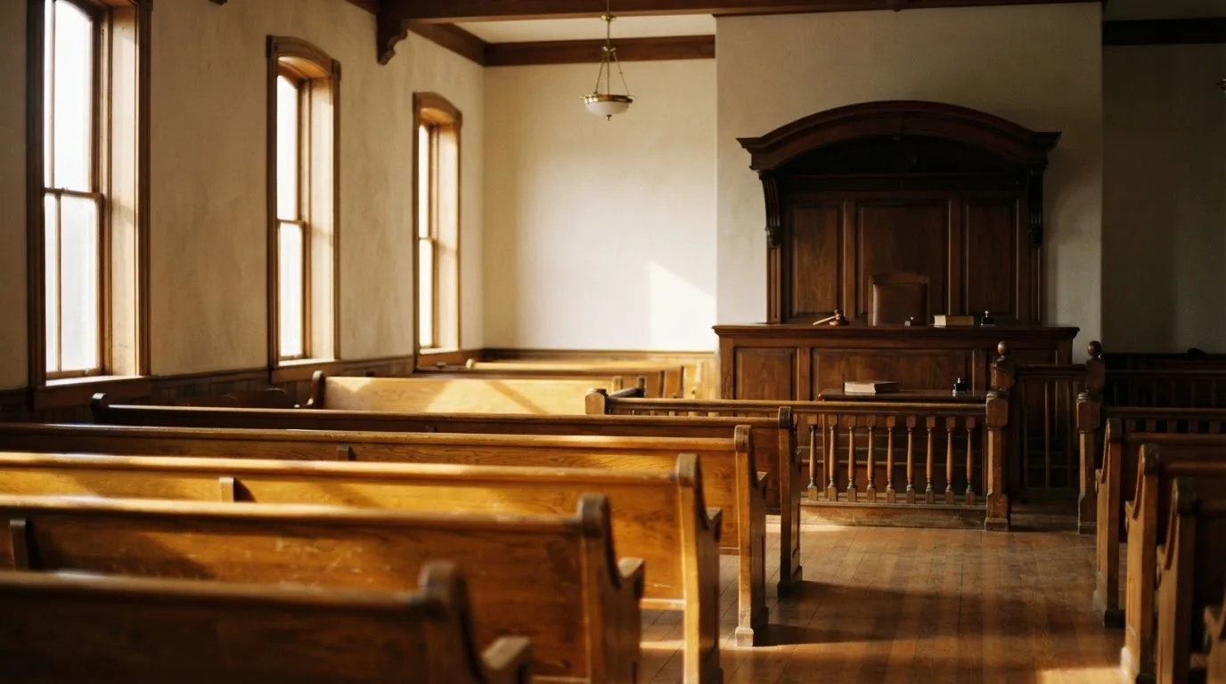 An empty courtroom with wooden benches in morning light