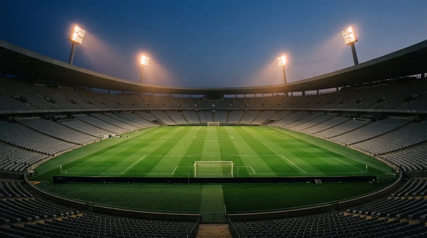 An empty football stadium with floodlight masts at dusk