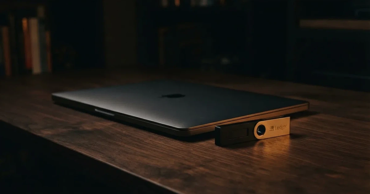 A hardware wallet and a closed laptop on a desk in dim light