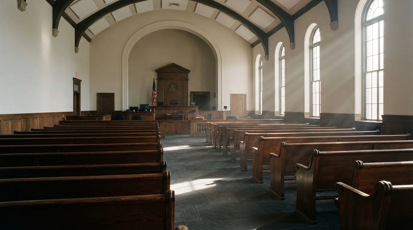 An empty courtroom with wooden benches in morning light