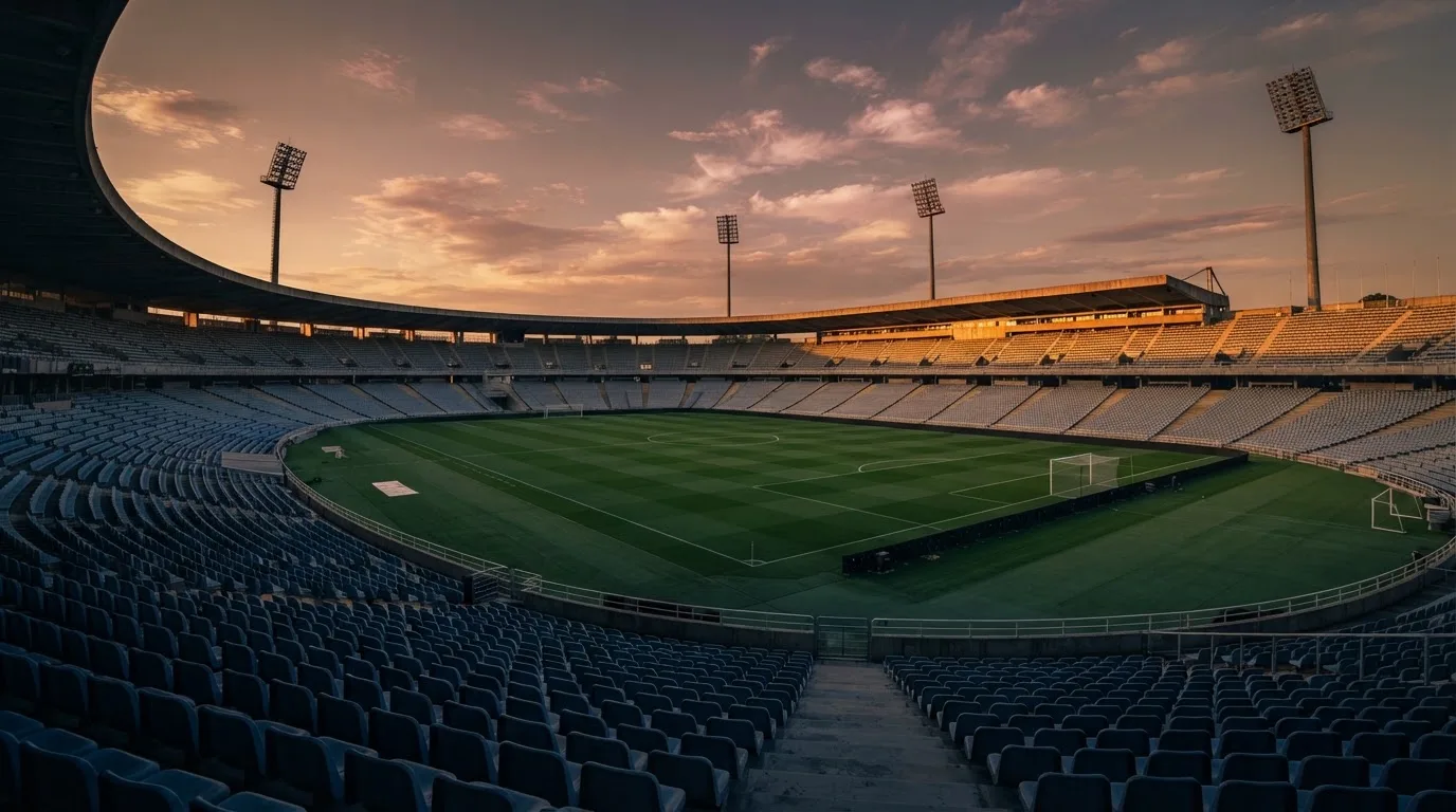 An empty football stadium with floodlight masts at dusk