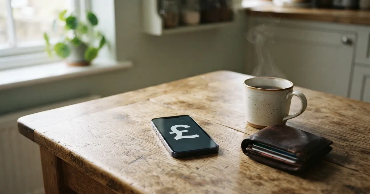 A smartphone on a wooden table beside a wallet and a coffee cup